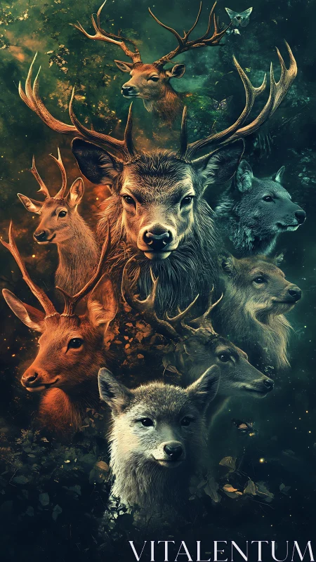 Digital painting totem of deer and wolves in mirrored forest palette.