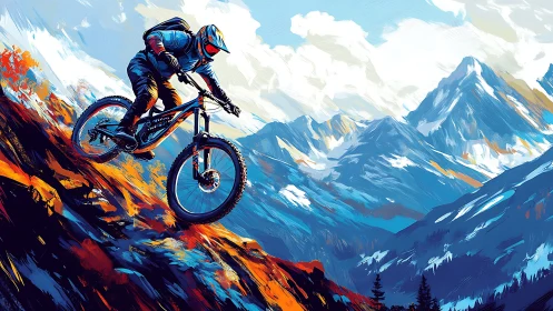 Mountain biker carves a blazing descent through painted peaks.