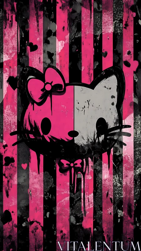 Graffiti-styled split-tone cat icon on distressed pink stripes