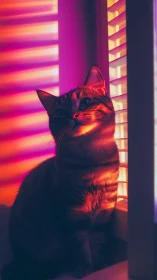 Tabby cat in vivid sunset light through window blinds.