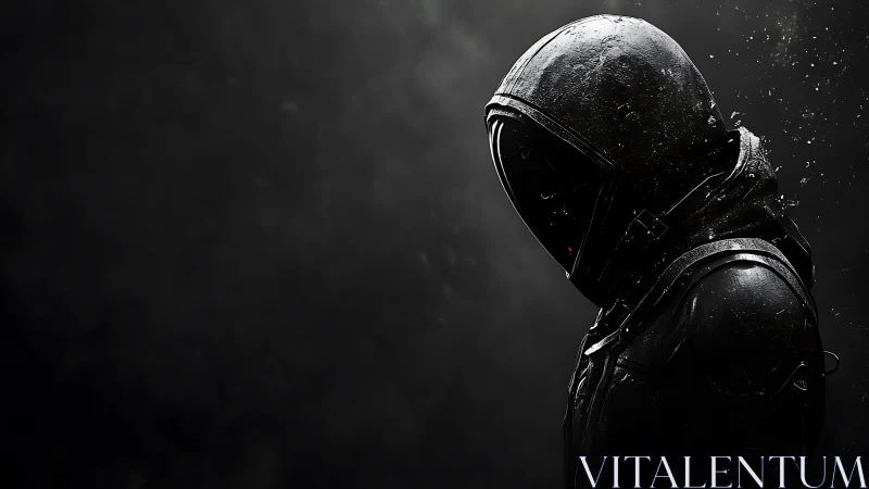 Solitary dark astronaut in reflective suit against void