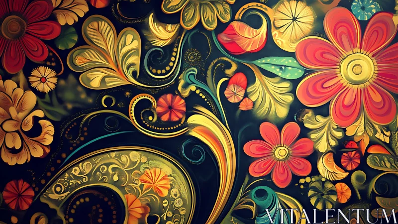 Floral scrollwork pirouettes through midnight carnival color