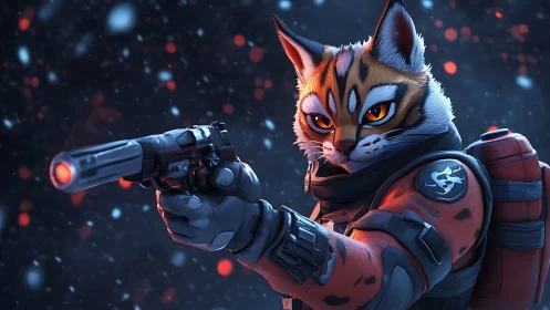 Armored feline marksman aims silenced revolver in snowfall