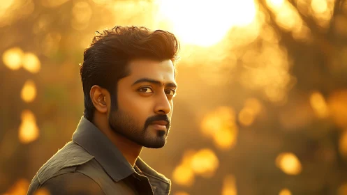 Backlit male portrait in golden hour optical bokeh field.