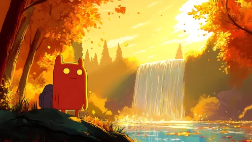 Cartoon explorer admires glowing autumn forest waterfall.