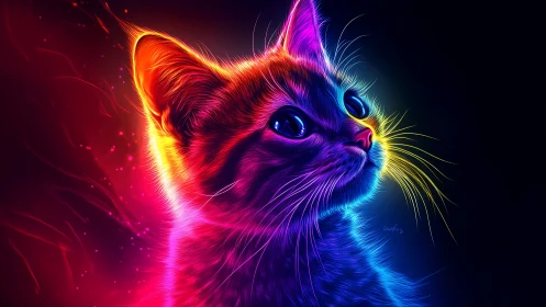Neon rim-lit kitten portrait with vibrant chromatic gradients