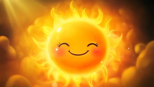Smiling cartoon sun radiates warm golden light.