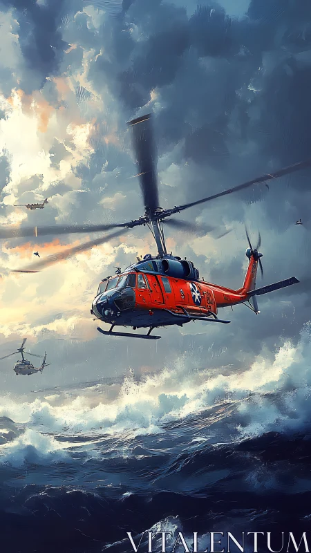 Rescue helicopters fly low over stormy dark ocean waves.