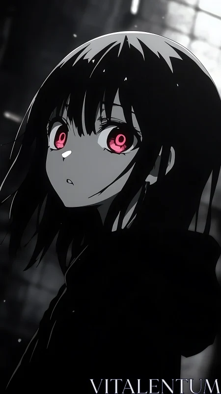 Monochrome anime portrait with high contrast red eyes.