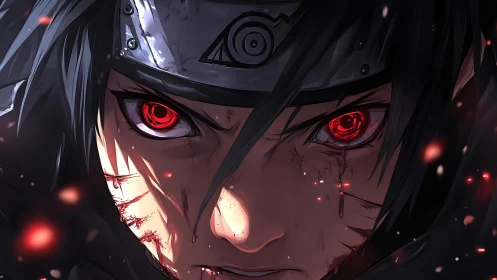 Intense red-eyed ninja close-up under battle-worn headband.