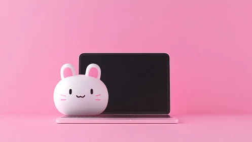 Cute bunny figurine positioned before closed laptop screen