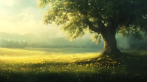 Sunlit meadow oak tree glows through misty golden dawn.