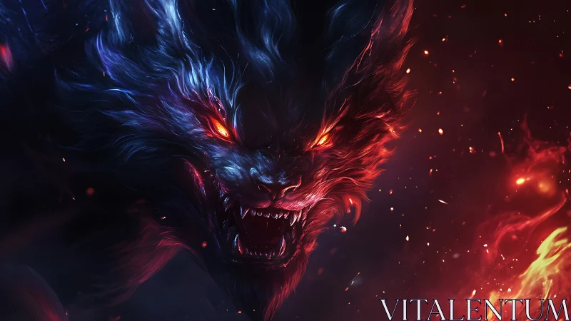 Fiery wolf-like creature emerges from dark abstract background