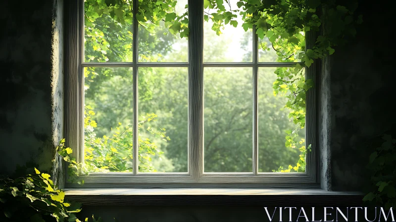 Sunlit wooden window framed by lush green climbing vines.