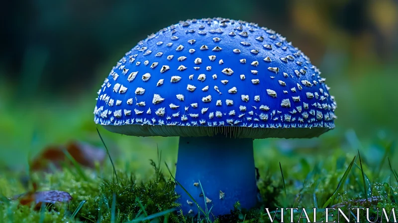 Blue mushroom cap shows textured white warts in damp grass