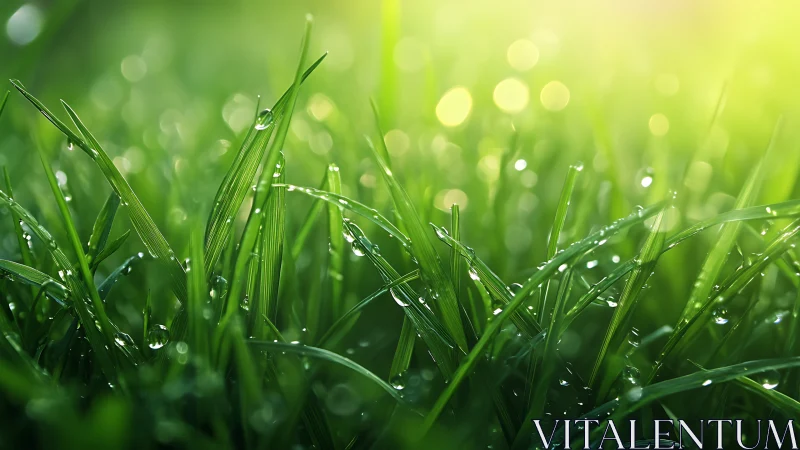 Macro optical study of dew-laden grass blades at sunrise.