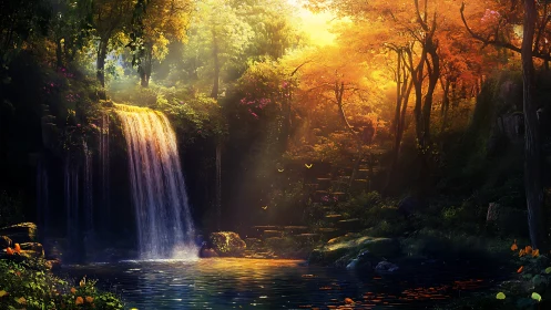 Waterfall in dense forest under warm backlit foliage.