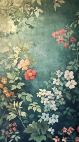 Botanical Floral Study on Aged Teal Ground.