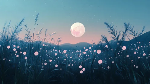 Enchanted moonlit meadow glows softly beneath pastel skies