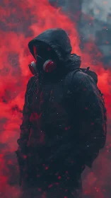 Hooded survivor in crimson smoke, cinematic cyberpunk tone.