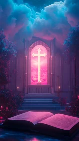 Luminous cross and open Bible in glowing chapel scene.