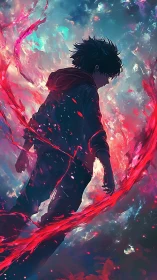 Silhouetted figure traverses abstract red and teal vortex field