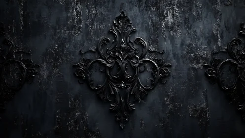 Baroque black relief ornament on distressed matte wall surface.