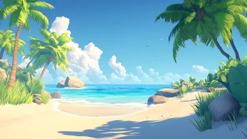 3D rendered tropical beach scene with atmospheric ocean horizon and vegetation architecture