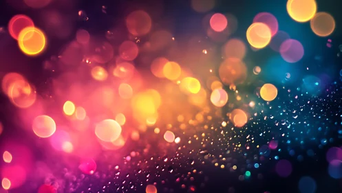 Multicolor bokeh lights over droplets on dark gradient background.