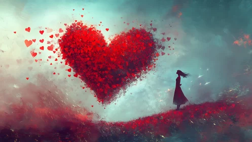 Woman Gazing at Shattered Red Heart Made of Hearts.