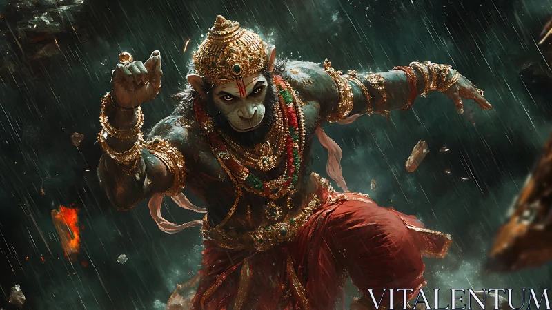 Simian warrior deity in mid-air kinetic combat tableau.