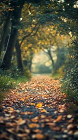 Autumn Forest Path with Falling Leaves and Dappled Light