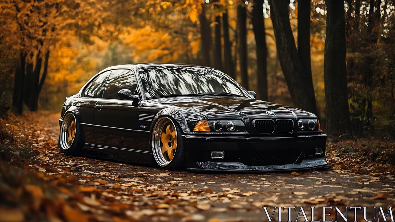 Black sedan is parked on a leaf-covered forest road