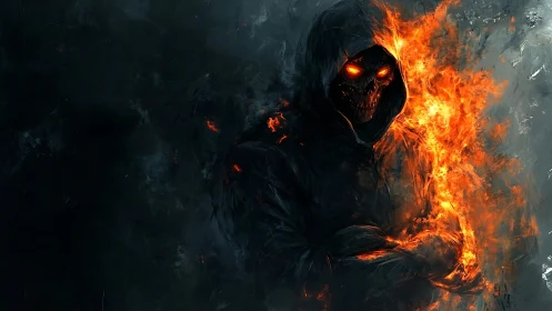 Hooded skeletal figure is rendered with asymmetric flame overlay