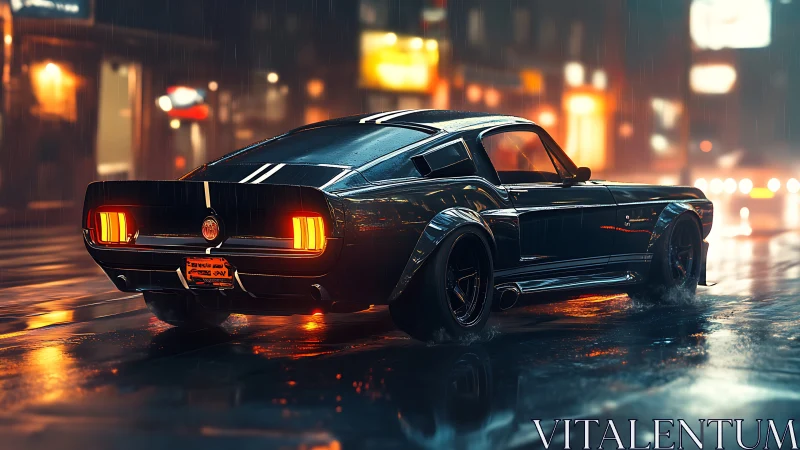 Classic muscle car stands in wet neon city street at night