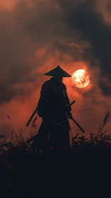 Silhouetted swordsman stands before low sun in dense clouds
