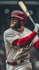 Bearded slugger waits in rainlit tension, bat poised high.
