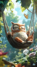 Somnolent forest owl in suspended rope cradle with butterfly.