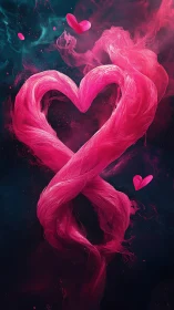 Neon Heart Shape Suspended in Fluid Pink Smoke Against Dark Cosmic Background