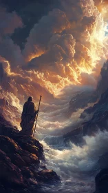 Prophet stands before storm-split sea under blazing clouds