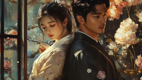 Lovers in hanbok stand back to back amid glowing blossoms.