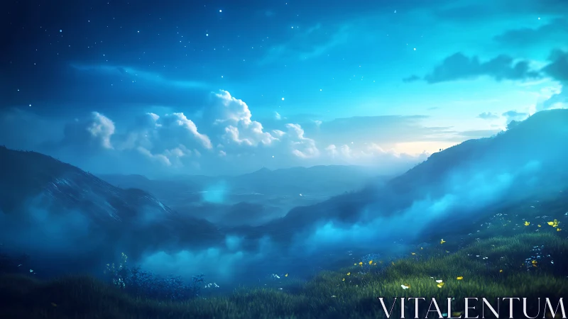 Midnight valley inhales starlight through drifting blue mists