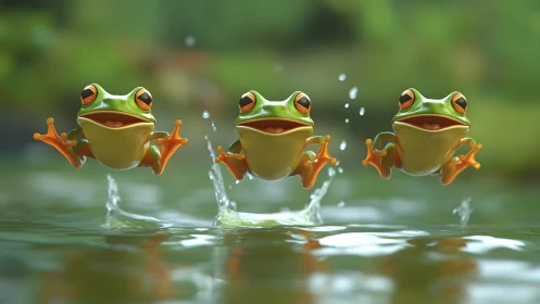 Three Cartoon Frogs Jumping Over Water in Vibrant 3D Style.