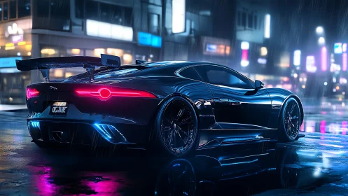 Wet neon city street reflects aerodynamic black sports coupe at night