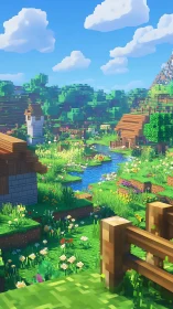 Blocky rural landscape with river, houses and far hills.