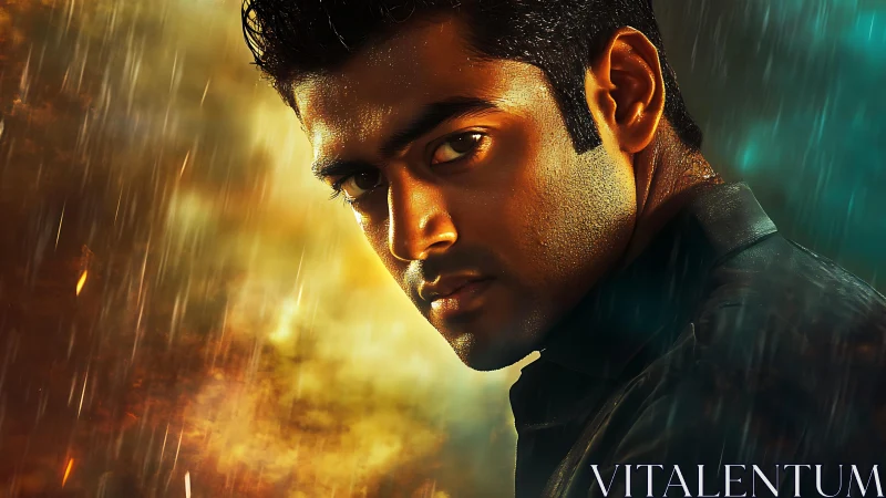 Intense cinematic portrait of a man in glowing storm light