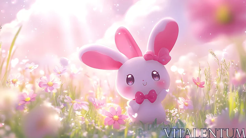 Sweet pink bunny enjoys a dreamy meadow of soft spring flowers