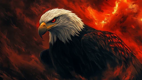 Fierce Bald Eagle in Fiery Storm Digital Art Illustration.