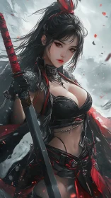 Stormlit crimson samurai girl poised in wind and steel.