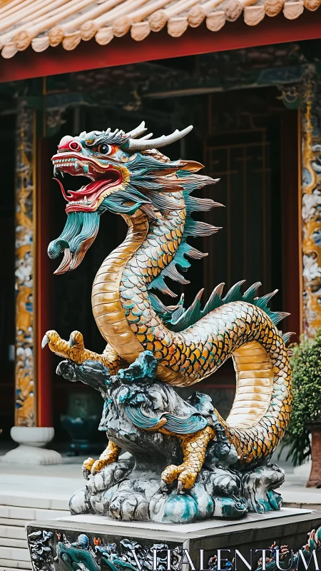 Ceramic dragon sculpture with gold scales at temple courtyard.